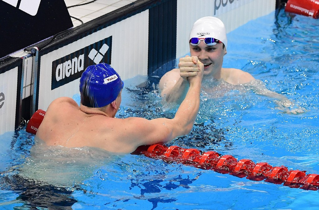 Adam Peaty and Ross Murdoch congratulate each other after their 1-2 finish over 100m breaststroke ©Getty Images