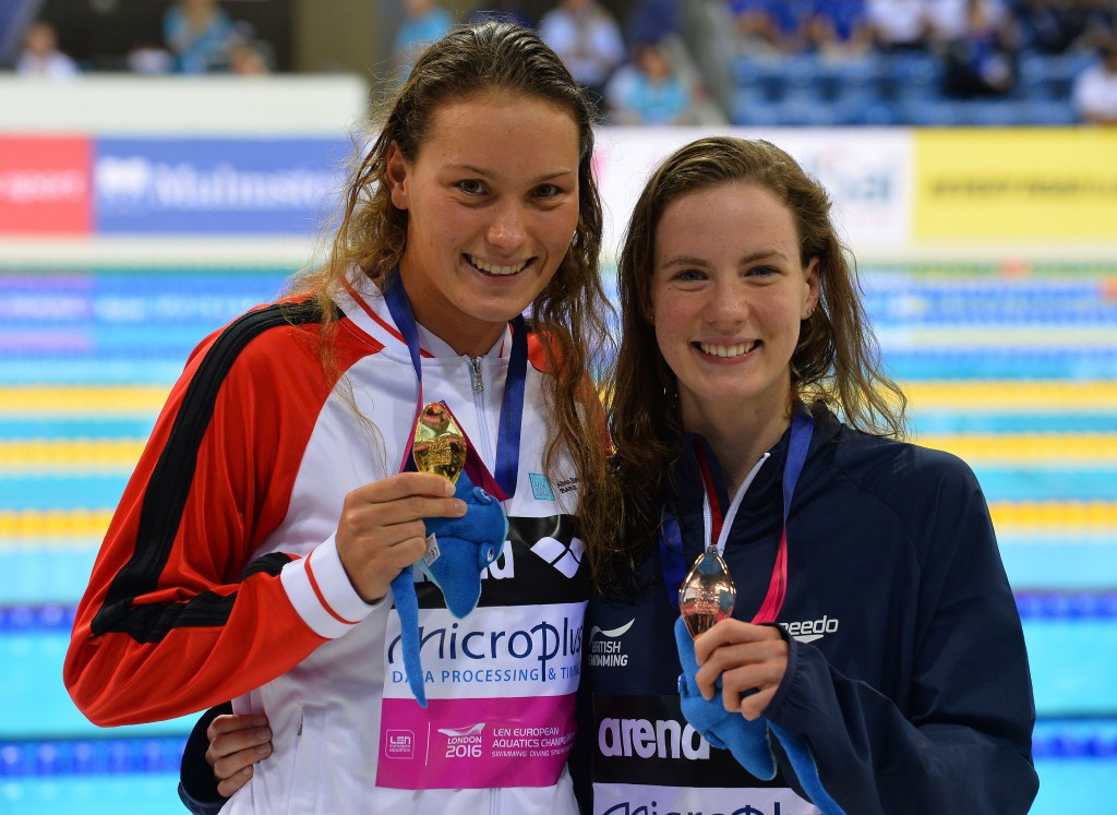 Denmark's Mie Nielsen is pictured here with bronze medallist Kathleen Dawson of Britain 