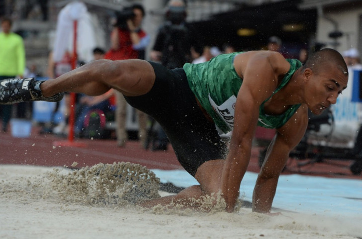 World and Olympic decathlon champion Ashton Eaton long jumping at Ostrava's Golden Spike meeting. A thigh injury after his second effort caused him to pull out of his scheduled meeting with Usain Bolt over 100 metres ©Getty Images