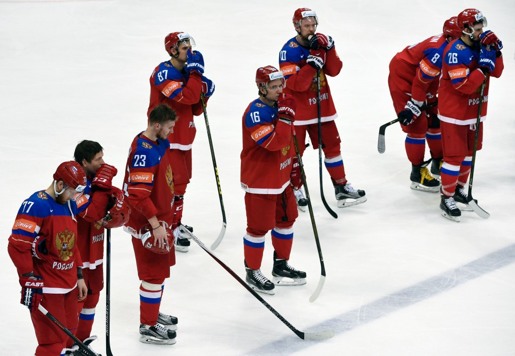 Disappointed Russian players gather on the ice after their semi-final defeat ©Getty Images