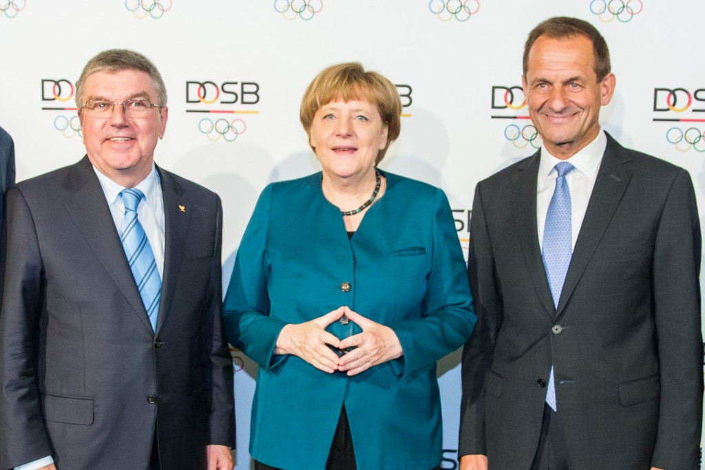IOC President Thomas Bach, Angela Merkel, Chancellor of Germany and DOSB President Alfons Hoermann attend the anniversary celebrations ©Getty Images