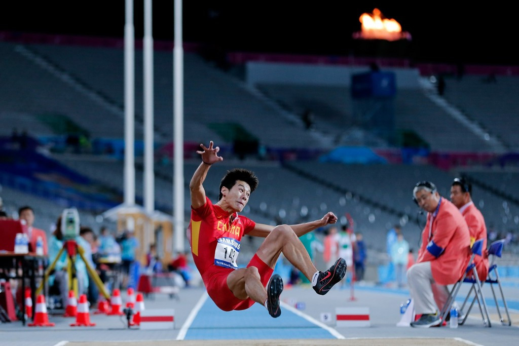 Gao Xinglong gold in the men's long jump was one of six titles won by China on the second day of competition
