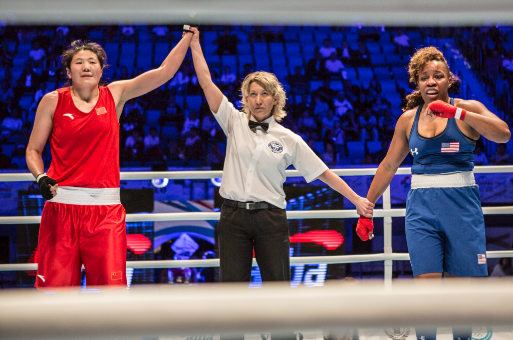 China's Xiaoli Yang is on the brink of retaining her light heavyweight crown after defeating the US's Franchon Crews ©AIBA