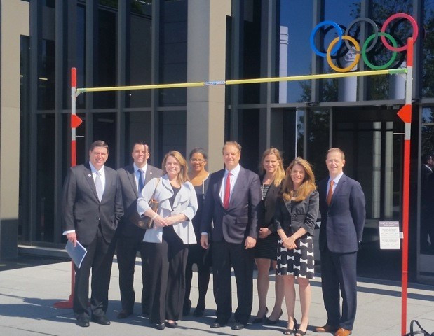 Steve Pagliuca (centre) pictured as part of a Boston 2024 delegation which visited Lausanne last week for meetings with the IOC 