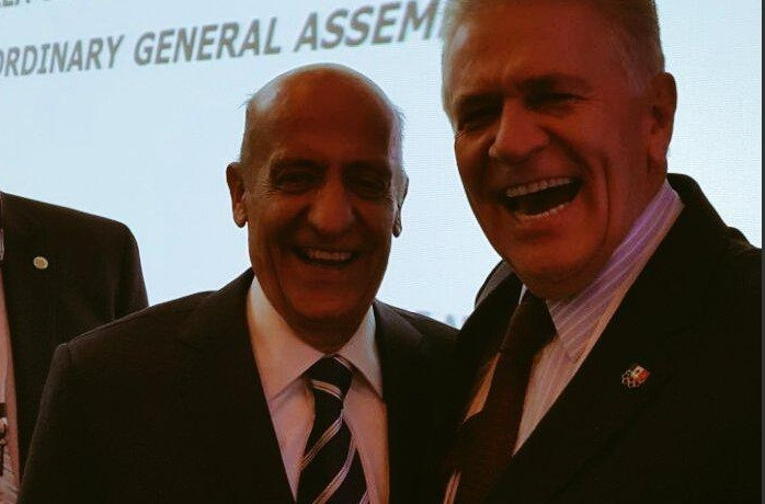 Julio César Maglione celebrates his election as new interim President of the Pan American Sports Organization with Carlos Padilla, head of the Mexican Olympic Committee