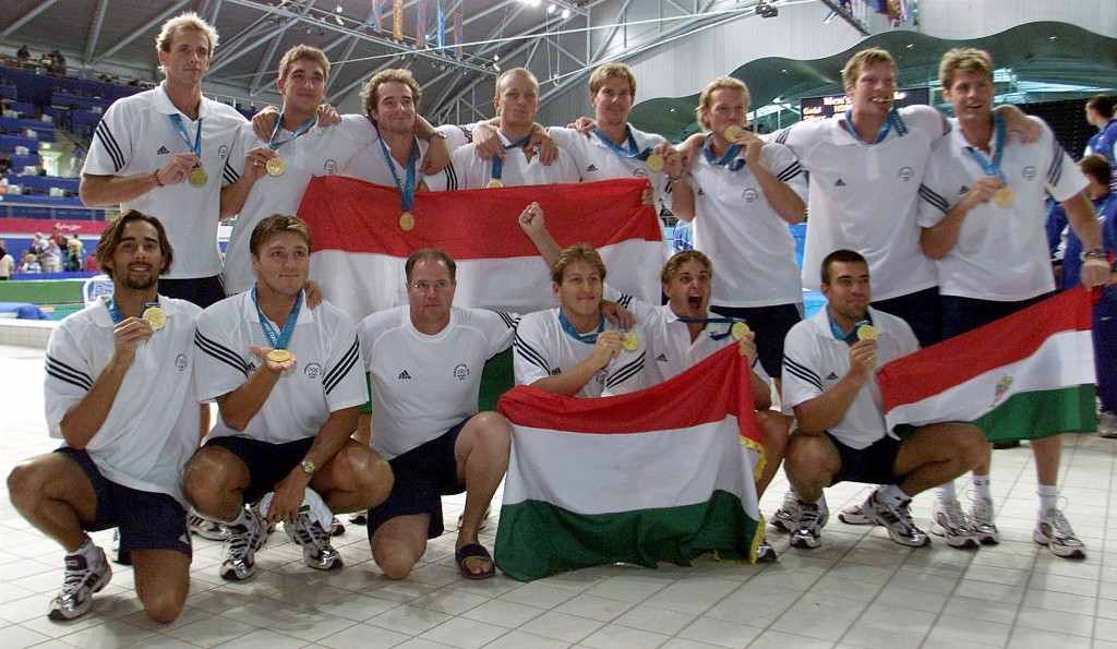 Hungary's water polo team celebrate winning the gold medal at Beijing 2008, their ninth title