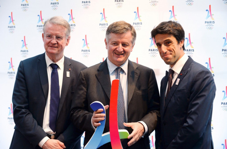 Paris 2024 co-chairmen Bernard Lapasset (left) and Tony Estanguet flank the Chief Executive Officer of the French Aeroports de Paris group at a sponsors' event on Monday evening ©Getty Images