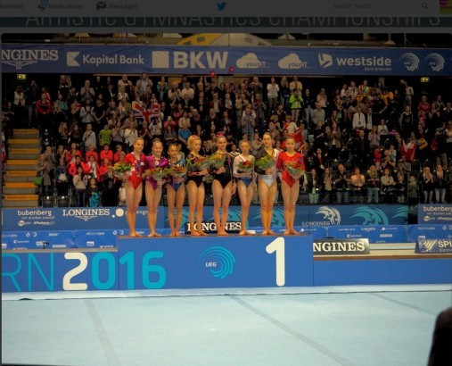 The finalists in the junior girls all-around final at the European Women's Artistic Gymnastics Championships are presented to the crowd after the final ©Bern 2016/Twitter