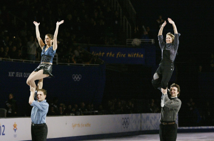Canada's ice skating pair of Jamie Sale and David Pelletier (left), pictured during the post 2002 Salt Lake Winter Games post-event exhibition, received a gold following a protest on the judging, so sharing the title with Russia's Elena Berezhnaya and Anton Sikharulidze ©Getty Images