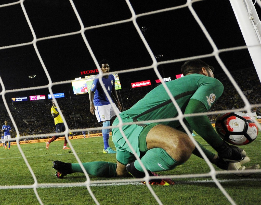 Brazil's goalkeeper Alisson was fortunate after officials ruled out an Ecuador goal following his error ©Getty Images