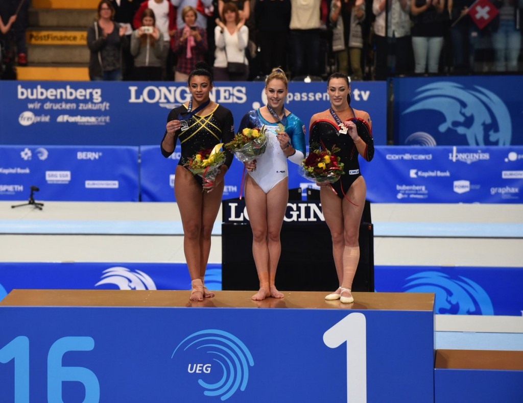 Home favourite Giulia Steingruber stands atop the floor exercise podium at the 2016 European Women’s Artistic Gymnastics Championships in Switzerland’s capital Bern ©Bern 2016/Twitter