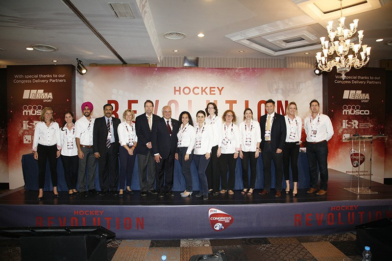FIH chief executive Kelly Fairweather, sixth left, has helped launched the 
