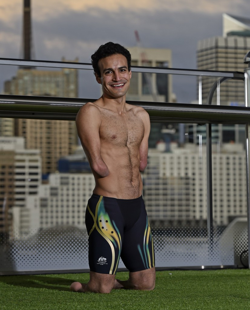Swimmer Ahmed Kelly displays his Speedo-designed uniform ©APC