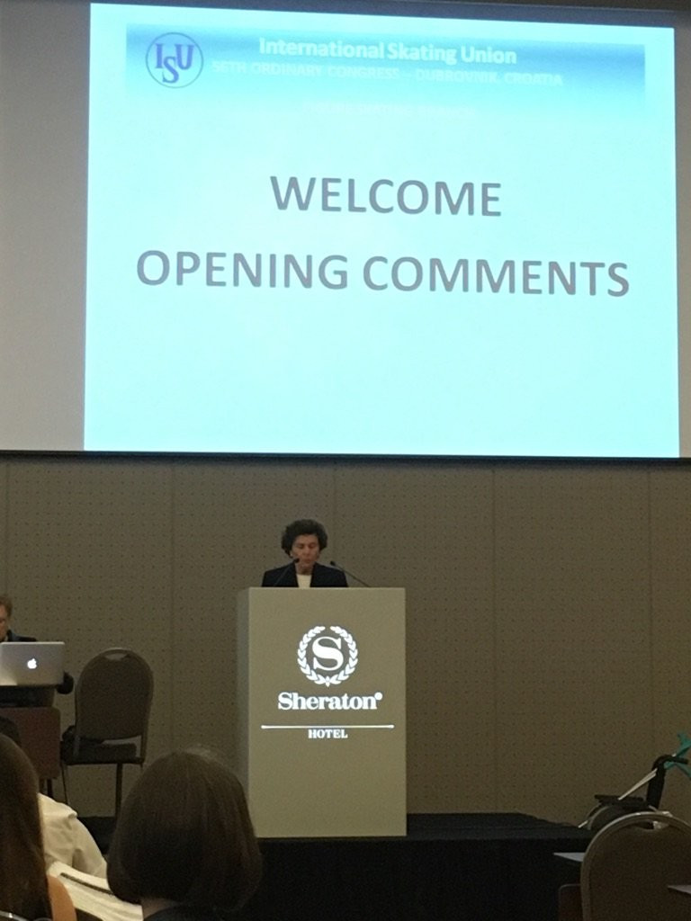 ISU vice-president for figure skating Marie Lundmark speaking at today's branch session where the decision was made ©Twitter