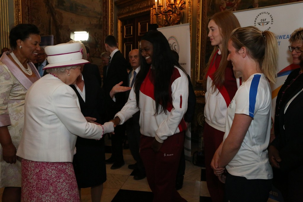 As part of the celebrations, The Queen met Commonwealth athletes, including England netball players Sasha Corbin (left) and Helen Housby (centre), and Scottish hockey player Ali Glasse-Davies (right)