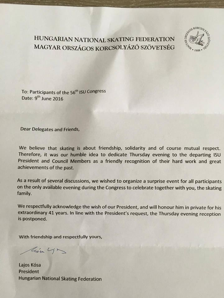 A letter sent out by the Hungarian National Skating Federation ©ITG