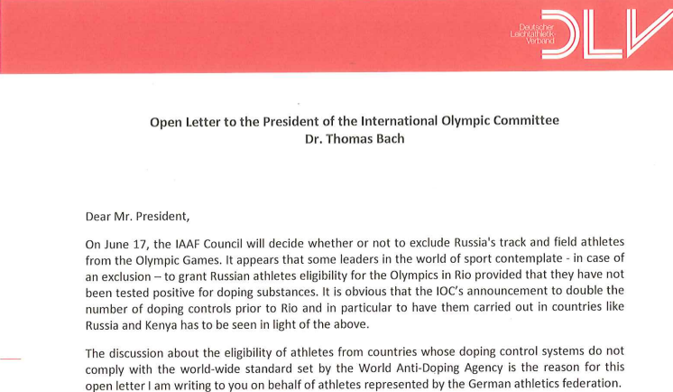 The start of a letter addressed to IOC President Thomas Bach from Clemens Prokop ©DLV