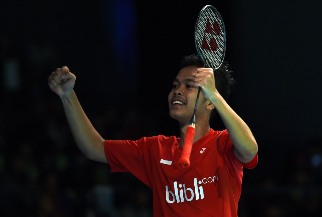 Anthony Sinisuka Ginting celebrates his victory over world champion Chen Long ©Getty Images 