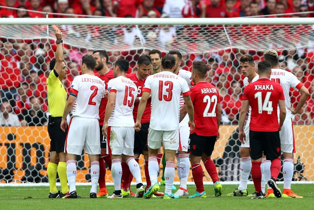 Albania captain Lorik Cana was sent off as his side lost 1-0 to Switzerland ©Getty Images