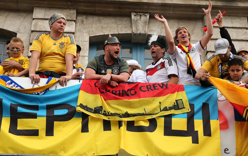 Following violent clashes between England and Russia fans yesterday, it was encouraging to see supporters of Germany and Ukraine mingling in the build-up to the match ©Getty Images