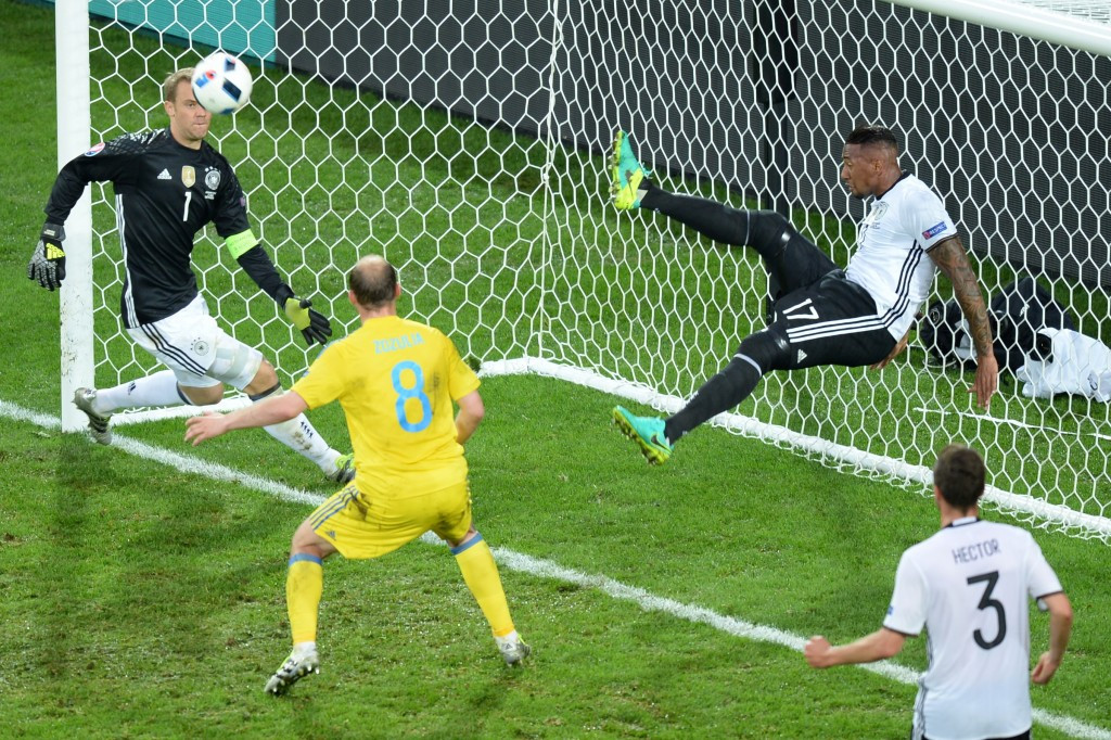 Germany defender Jerome Boateng was forced to clear the ball off the line as Ukraine went in search of an equaliser ©Getty Images