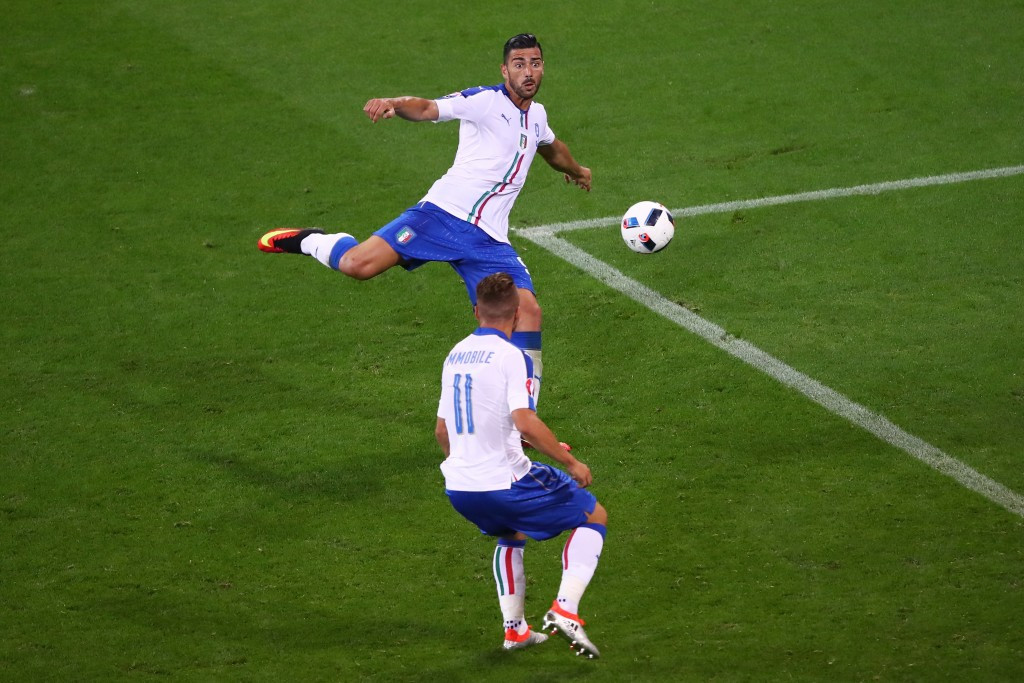 Graziano Pelle volleyed in Italy's second in their win over Belgium