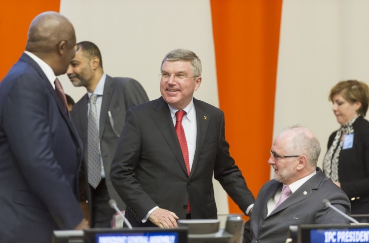Sir Philip Craven, pictured, right, with IOC counterpart Thomas Bach at the United Nations in 2015 ©IPC