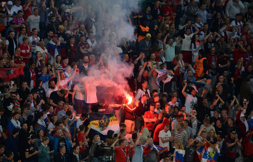 The lighting of a flare was the only notable incident to take place in the Russian section of the crowd ©Getty Images
