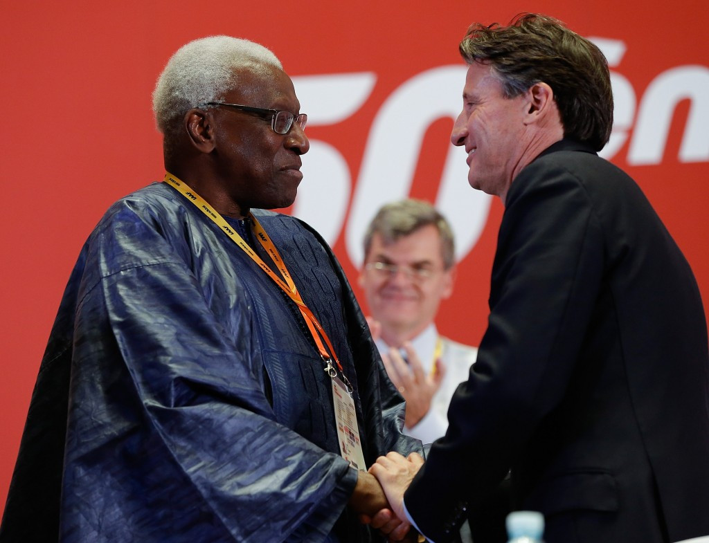 Sebastian Coe (right) is accused of praising Lamine Diack in his acceptance speech in return for help ©Getty Images