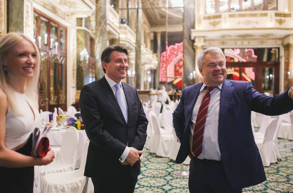 ARAF secretary general Mikhail Butov, right, pictured in Moscow during happier times with Sebastian Coe before the IAAF banned Russia following claims of state-supported doping ©Facebook 