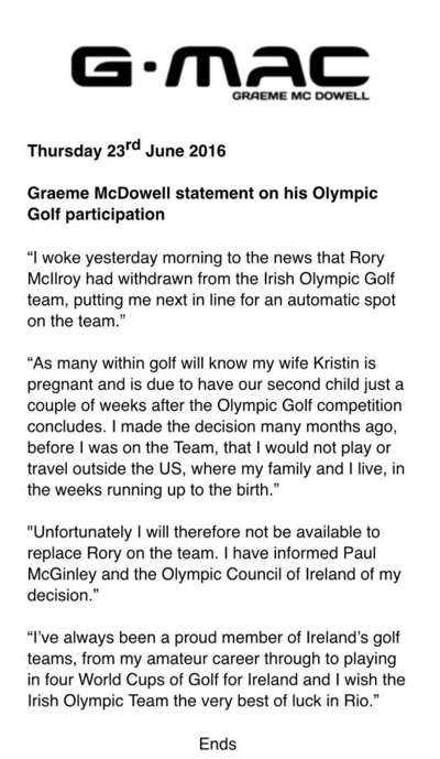 Graeme McDowell issued a statement this morning explaining why he did not wish to be considered for selection by Ireland for Rio 2016 because of his fears over the Zika virus ©Graeme McDowell/Twitter