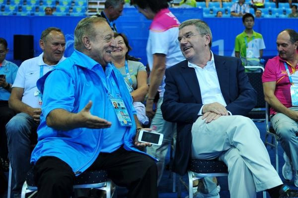 IWF President Tamás Aján (left) with IOC counterpart Thomas Bach