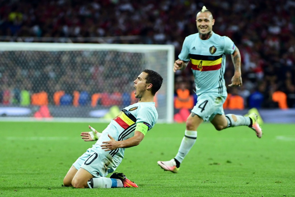 Eden Hazard celebrates scoring Belgium's third goal in a 4-0 victory ©Getty Images
