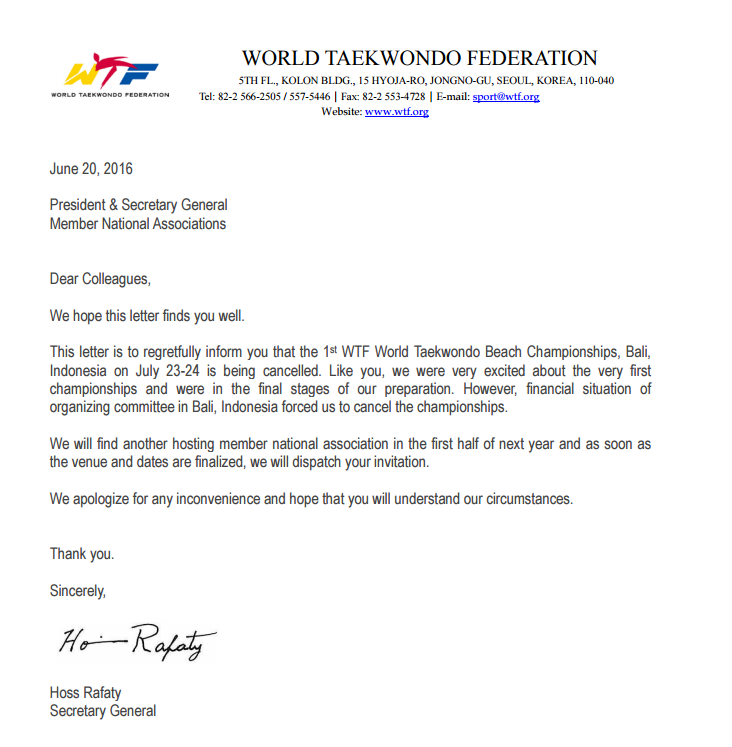A letter confirming the cancellation of the first WTF World Taekwondo Beach Championships ©WTF