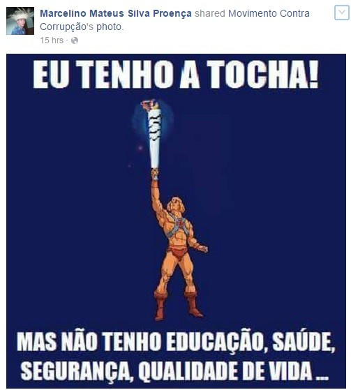 Marcelino Mateus Silva Proença has posted a series of provocative photos about the Rio 2016 Torch Relay in previous weeks befoer trying to throw water over it as it passed through his home town ©Facebook