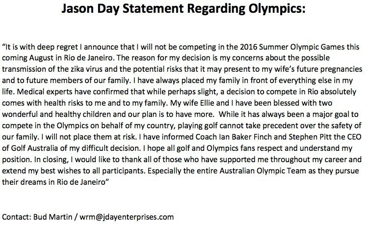 Australia's Jason Day confirmed his decision in a statement released on his Twitter page ©Twitter