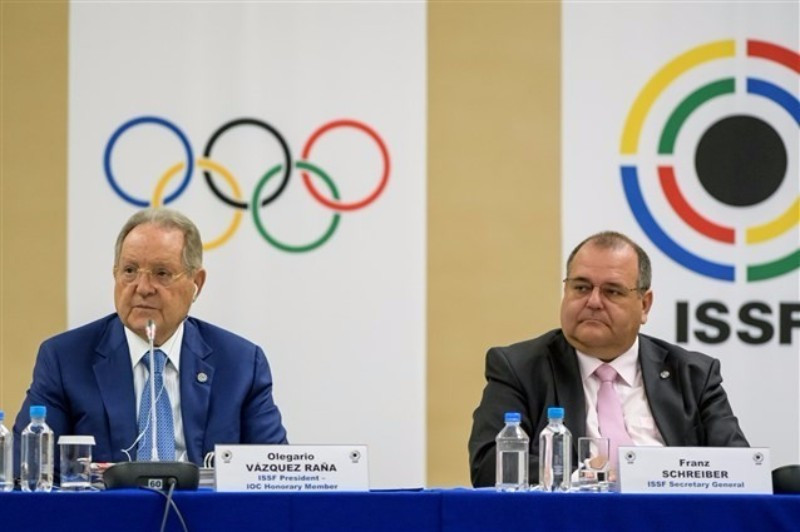 Olegario Vazquez Raña (left) speaking as the ISSF General Assembly opened today in Moscow
