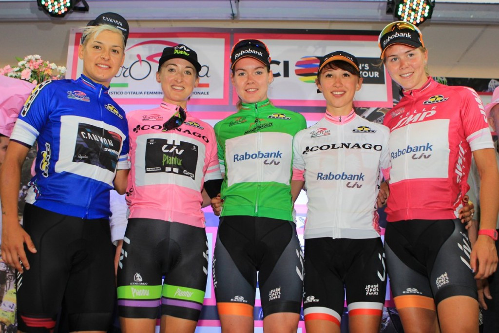 Leah Kirchmann has taken the pink jersey after her victory on the prologue stage ©Twitter