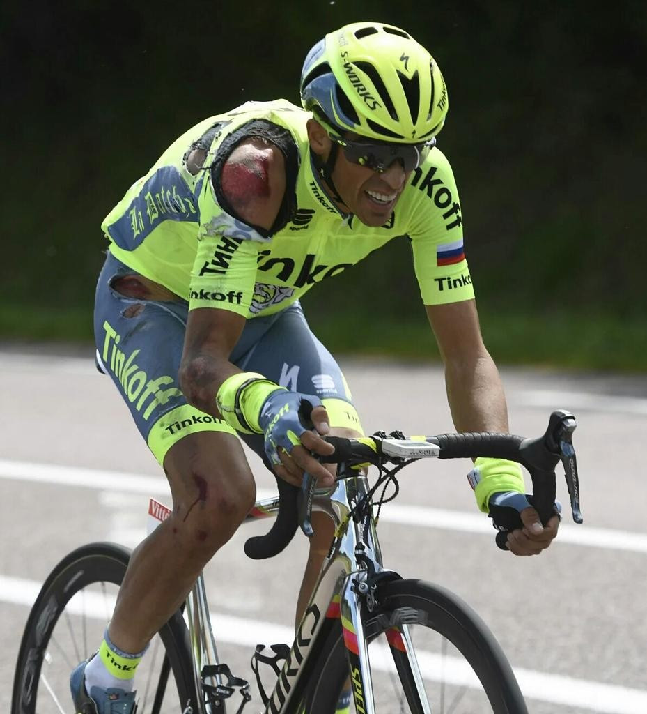 Alberto Contador of Spain suffered a nasty crash 81 kilometres from the finish of the opening stage ©Twitter