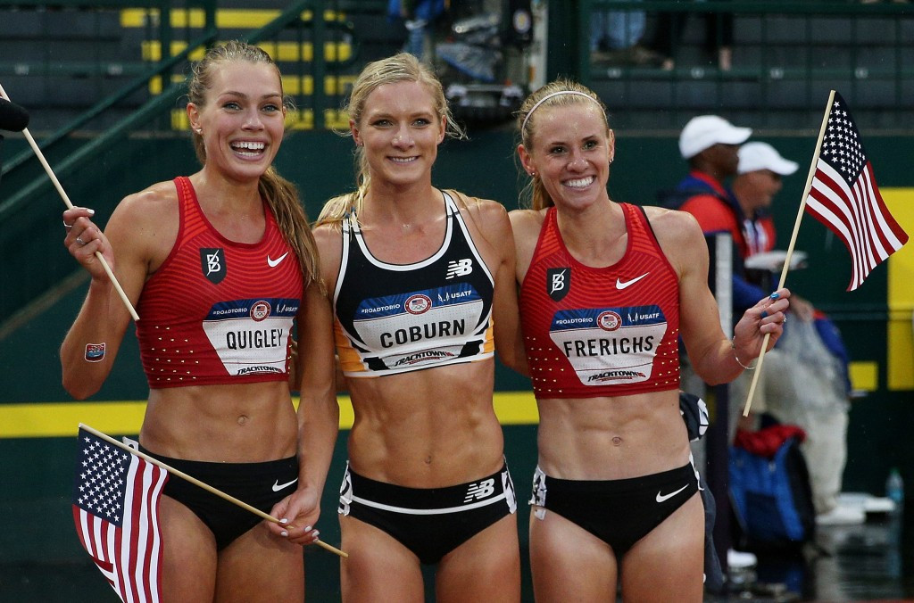 Emma Coburn celebrates 3000m steeplechase victory at the US Olympic trials with the second and third placed runners ©Getty Images