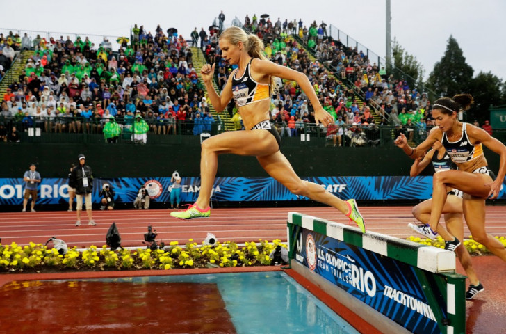 Emma Coburn clears the water jump at Hayward Field en-route to her 3000m steeplechase victory at the US Olympic Track and Field trials ©Getty Images