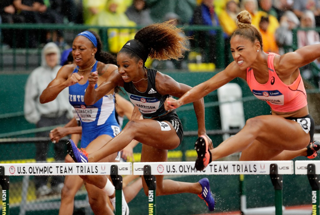 Kendra Harrison, centre, failed to make the US team for the Rio Olympics despite running the second fastest time recorded earlier this year in Eugene ©Getty Images