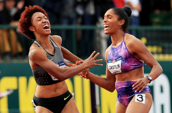US trials women's 100m hurdles winner Brianna Rollins, left, and runner-up Kristi Castlin celebrate a good job ©Getty Images