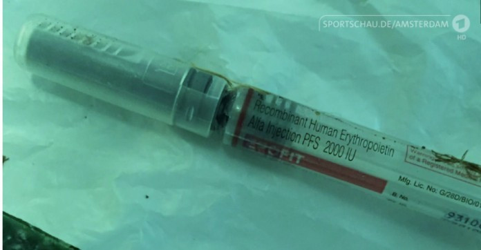 A documentary shown on German broadcaster ARD showed images of boxes of EPO and used syringes in bins at Kenya's top training camp in Iten and they filmed a doctor promising they could help athletes dope ©ARD 