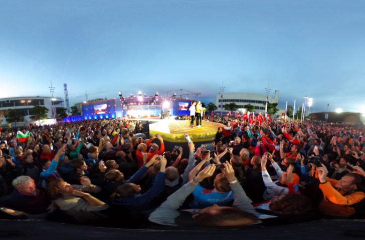 A panoramic view of Dafne Schippers' 100m medal ceremony at the Medal Plaza outside the arena - one of many innovations at the Amsterdam 2016 Championships praised by the European Athletics President Svein Arne Hansen ©Getty Images