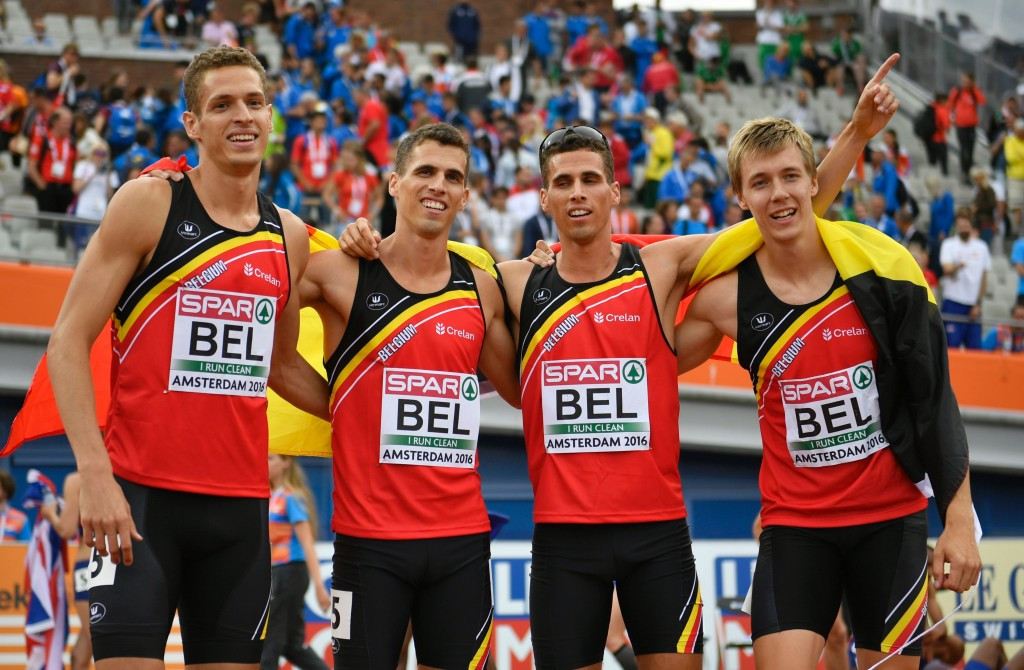 Belgium celebrate their last gasp gold medal in the 4x400m relay ©Getty Images