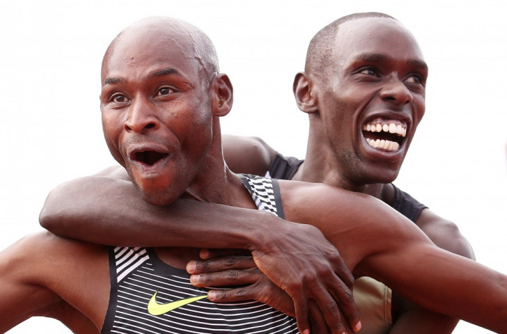 Bernard Lagat, 41, left, has company as he celebrates winning the US Olympic 5,000m trial at the weekend - third-placed finisher Paul Chelimo, who will also make the trip ©Getty Images