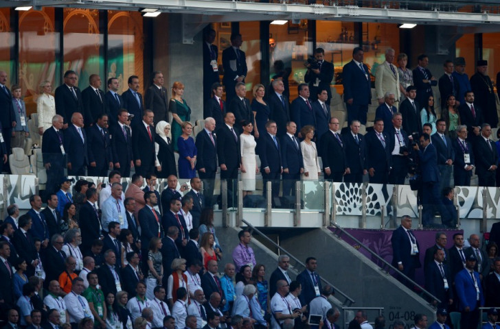 Azerbaijan President Ilham Aliyev (centre) officially declared the Baku 2015 European Games open ©Getty Images