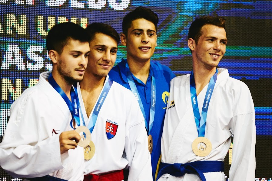 Slovakia's Richard Dobrotka, centre left, took top honours in the men's under 60kg kumite at the European Universities Games in Zagreb ©European Universities Games