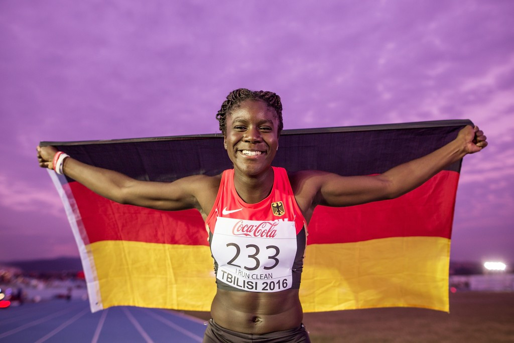Germany's Keshia Kwadwo won the girls' 100m gold medal at the European Athletics Youth Championships in Tbilisi ©Getty Images